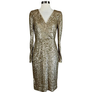 Donna Karan Women's Cocktail Dress Size 4 Gold Sequined Long Sleeve Midi Sheath